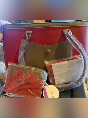 Red and Taupe 3 piece Tote Bag purse wallet change bag vegan textured NWT